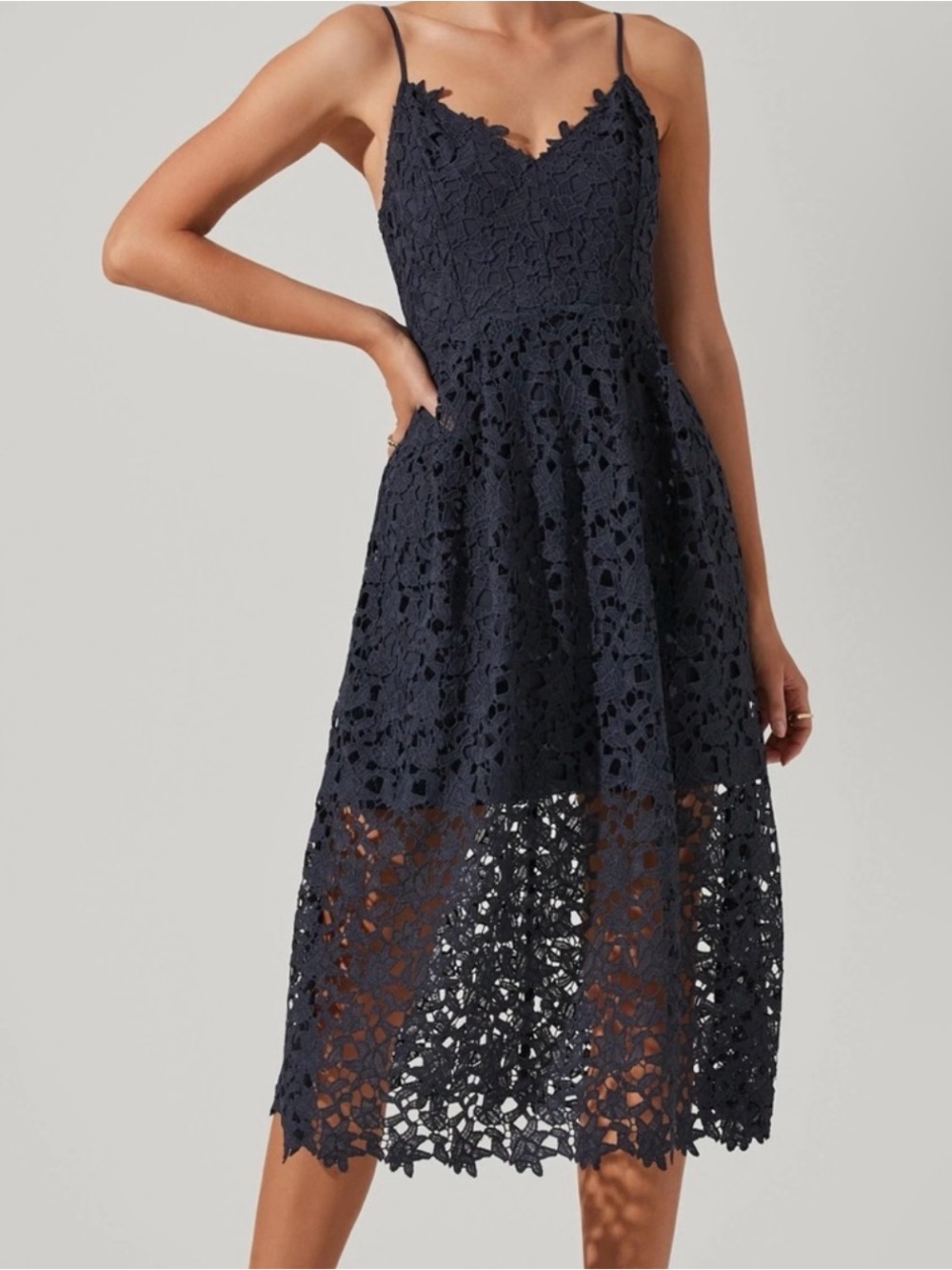 Astr Navy Crochet Lace Midi Dress with Spaghetti Straps